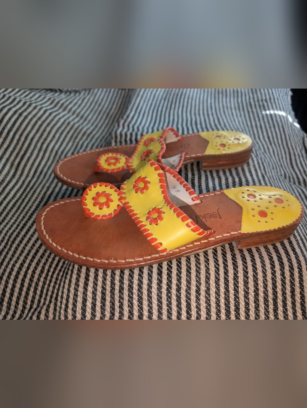 Jack Rogers USA Palm Beach Flat Sandals Orange Yellow Leather 8 M Navajo